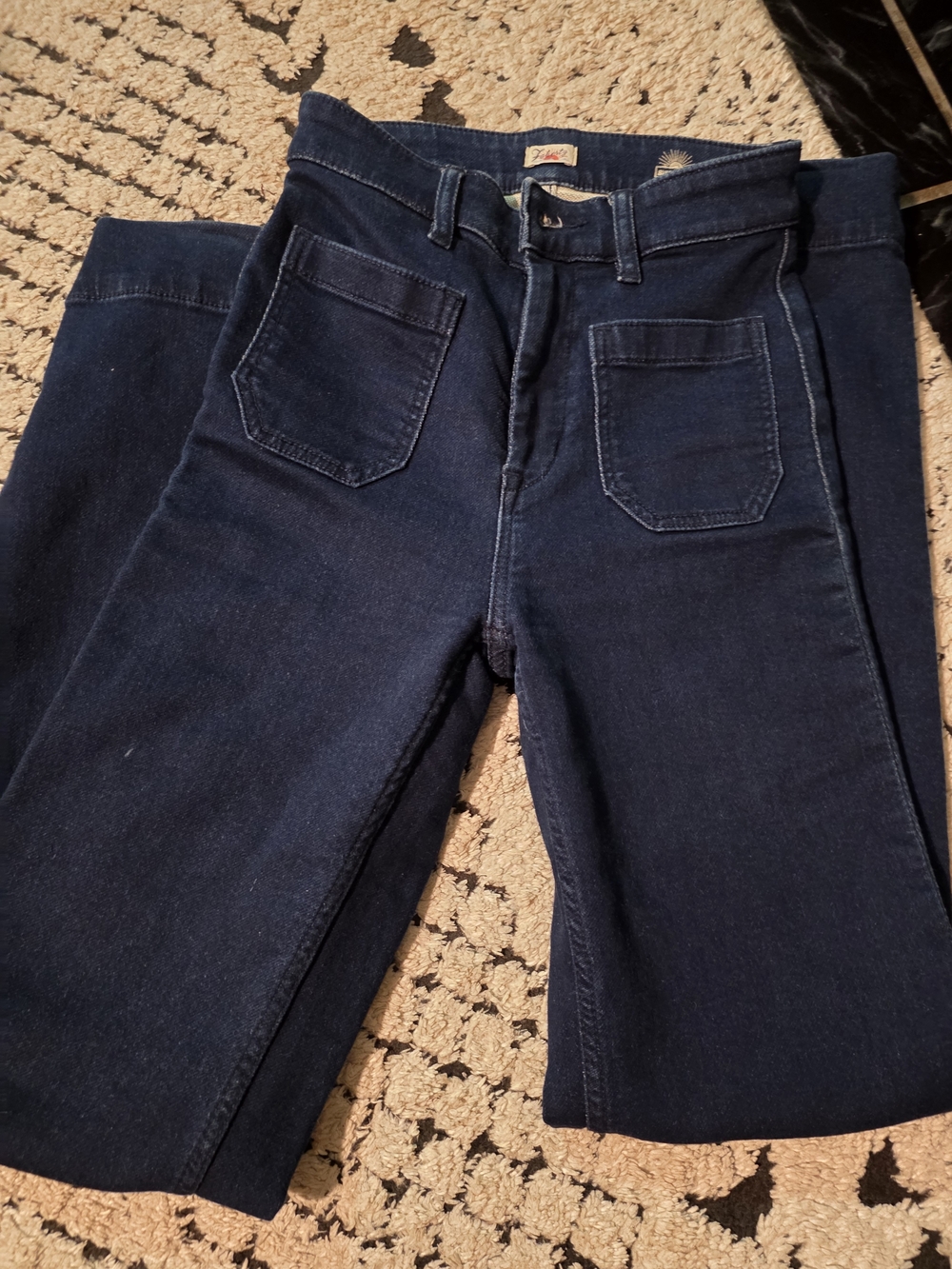 Stretch Terry Patch Pocket High-Rise Boot Leg Jeans in Dark Blue